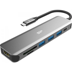 Silicon Power SPU3C07DOCSU200G USB-C 7-in-1 Hub SU20, SD Card-reader, MicroSD Card Reader, 1x HDMI 4K, 3x USB3.2 Gen.1 (up to 5Gbps), 1x USB-C (PD2.0 charging up to 60W), Cable 0.15m