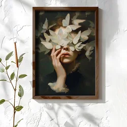 WallXpert uramljena MDF slika NAL025-46, žensko lice prekriveno belim leptirima na tamnoj pozadini, 35,5 x 47 cm