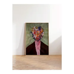 WallXpert uramljena slika 115194, apstraktni portret sa licem od šarenih poteza boje na zelenoj pozadini, 50 x 70 cm, ram u boji prirodnog drveta