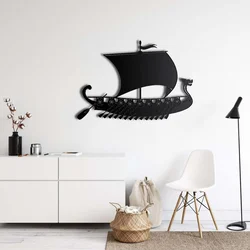 WallXpert metalni zidni ukras 5354, vikinški brod sa jedrom i veslima, 75 x 52 cm, crni