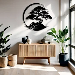WallXpert metalni zidni ukras DCV-1072-MT, bonsai drvo u krugu, 80 x 80 cm, crni