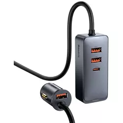 Baseus Share Together car charger with extension cord, 3x USB, USB-C, 120W (gray)