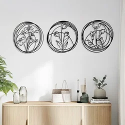 WallXpert metalni zidni ukras DCV-1090-MT, cvetovi perunike, tulipana i kale u 3 kruga, 3 dela, 30 x 30 cm, crni
