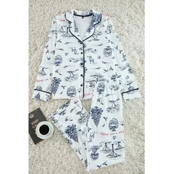 Trendyol Ecru 100% Cotton Printed Piping Detailed Knitted Pajama Set