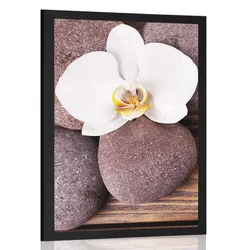 Plakat wellness kamni in orhideja na lesenem ozadju - 60x90 white