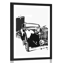 Plakat s paspartujem črnobel retro avto z abstrakcijo - 40x60 no frame