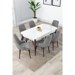 Hanah Home trpezarijski set Lia, sto na razvlačenje i 6 stolica, bela ploča, noge boje oraha, siva tkanina Babyface