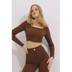 Trend Alacati Stili Ženska bluza dugih rukava ALC-X11437, Brod izrez, Smeđa