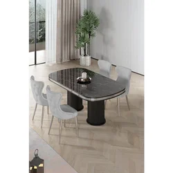 Hanah Home trpezarijski set Galya, sto i 4 stolice, ploča u dekoru crnog mermera, hromirane noge, siva tkanina Babyface