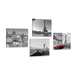Komplet slik Pariz z retro rdečim avtomobilom - 4x 40x40
