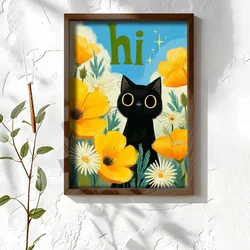 WallXpert uramljena MDF slika NAL015-46, crna mačka među žutim cvećem sa natpisom hi, 35,5 x 47 cm