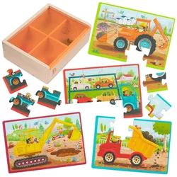 Lesene sestavljanke B. toys Pack o Puzzles - Gradbena vozila (702205)