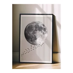 WallXpert uramljena slika 115210, crno-beli Mesec i jato ptica na svetlosivoj pozadini, 30 x 40 cm, crni ram
