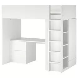 SMASTAD Izdignut krevet, bela bela/s radnim stolom s 3 fioke, 90x200 cm
