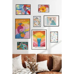 WallXpert set od 8 manjih uramljenih slika Çgs-079, šareni pop-art motivi – koktel tekila, zalazak sunca, gramofonska ploča i bazen, crni ram