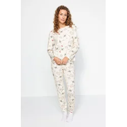 Trendyol Cream 100% Cotton Christmas Patterned Tshirt-Jogger Knitted Pajama Set
