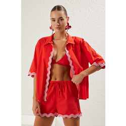 Trendyol Red Pink Stripe Accessory Kimono Shorts Set