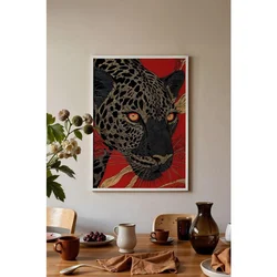 WallXpert uramljena slika 115270, leopard narandžastih očiju na crvenoj pozadini, 30 x 40 cm, beli ram