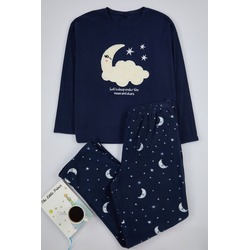 Trendyol Curve Navy Blue Galaxy Patterned Fleece Knitted Pajama Set