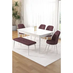 Hanah Home trpezarijski set Pir, sto, 4 stolice i klupa, bela ploča, puder roze tkanina Babyface