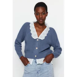 Trendyol Indigo Crop Woven Garni Detailed V Neck Knitwear Cardigan