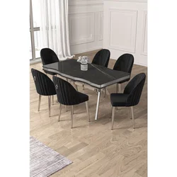 Hanah Home trpezarijski set Pem, sto i 6 stolica, ploča u dekoru Sonata, hromirane noge, crna tkanina Babyface