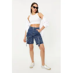 Trendyol Blue Normal Waist Denim Shorts with Cargo Pocket & Bermuda
