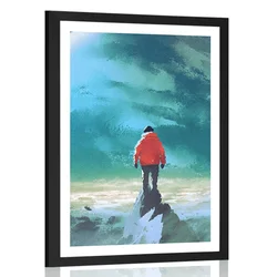 Plakat s paspartujem moški na vrhu gore - 30x45 black