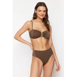 Trendyol Brown Strapless Accessory Glitter Premium Fabric Brazilian Bikini Set