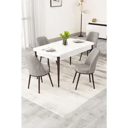 Hanah Home trpezarijski set Rax, sto na razvlačenje i 4 stolice, bela ploča, braon noge, siva tkanina Babyface