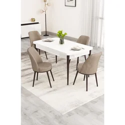 Hanah Home trpezarijski set Nix, sto na razvlačenje i 4 stolice, bela ploča, braon noge, kapućino tkanina Babyface