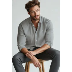 Trendyol Grey Regular Embroidered Easy Ironable Smart Oxford Shirt