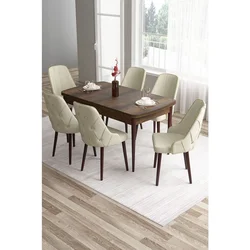 Hanah Home trpezarijski set Tia, sto i 6 stolica, ploča u dekoru drveta Baroque, krem tkanina Babyface