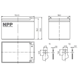 NPP NP12V-12Ah, AGM BATTERY, C20=12AH, T2, 151x98x95x100, 3,3KG, BLACK