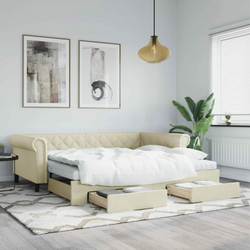 Greatstore Izvlečna dnevna postelja s predali krem 90x200 cm umetno usnje