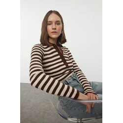 Trendyol Brown Polo Neck Basic Striped Knitwear Sweater