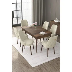 Hanah Home trpezarijski set Nex, sto na razvlačenje i 6 stolica, ploča u dekoru drveta Baroque, krem tkanina Babyface