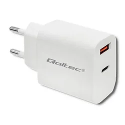 Qoltec stenski polnilnik 18 W | 5–12 V | 1,5–3 A | USB tip C PD | USB QC 3.0 | bel
