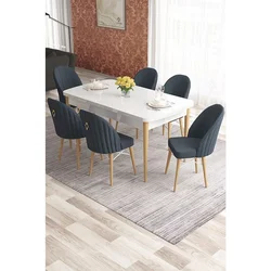 Hanah Home trpezarijski set Elf, sto na razvlačenje i 6 stolica, bela ploča, noge u prirodnoj boji drveta, antracit tkanina Babyface