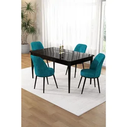 Hanah Home trpezarijski set Pir, sto i 4 stolice, ploča u dekoru crnog mermera, tirkizna tkanina Babyface
