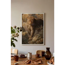 WallXpert uramljena slika 115254, leopard na steni među zlatnim cvetovima, 50 x 70 cm, beli ram
