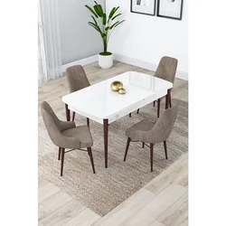 Hanah Home trpezarijski set Lia, sto na razvlačenje i 4 stolice, bela ploča, noge boje oraha, kapućino tkanina Babyface