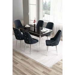 Hanah Home trpezarijski set Tia, sto i 6 stolica, ploča u dekoru crnog mermera, hromirane noge, antracit tkanina Babyface