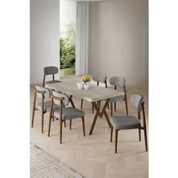 Hanah Home trpezarijski set Zerra, sto i 6 stolica, ploča u dekoru travertina, noge sa završnom obradom u izgledu drveta, siva tkanina Babyface