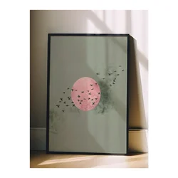WallXpert uramljena slika 115234, ružičasto sunce i jato ptica na maslinastozelenoj pozadini, 30 x 40 cm, crni ram