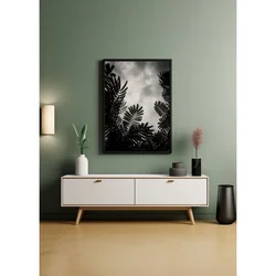 WallXpert uramljena MDF slika ARTNEWCLSYH91, palmino lišće pod oblačnim nebom, crno-belo, 50 x 70 cm