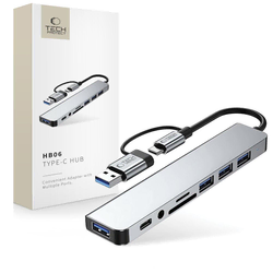 Tech-protect HB06 HUB adapter USB-C + USB - 4x USB / USB-C / SD / TF / AV 3.5, siva