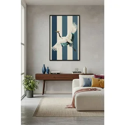 WallXpert uramljena slika na platnu Huhu3117, beli ždral u letu na plavo-bež prugastoj pozadini, 70 x 100 cm