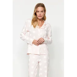 Trendyol Premium Powder 100% Cotton Heart Puff Patterned Shirt-Pants Knitted Pajamas Set