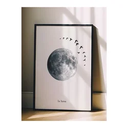 WallXpert uramljena slika 115227, pun mesec i jato ptica na svetloj pozadini, 30 x 40 cm, crni ram